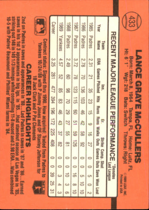 1990 Donruss Baseball "Main Set" Cards #241 to #480 - Picture 389 of 483