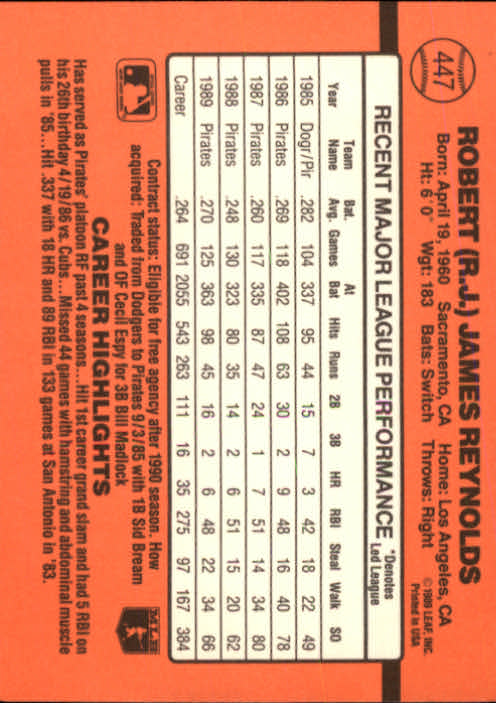 1990 Donruss Baseball "Main Set" Cards #241 to #480 - Picture 417 of 483