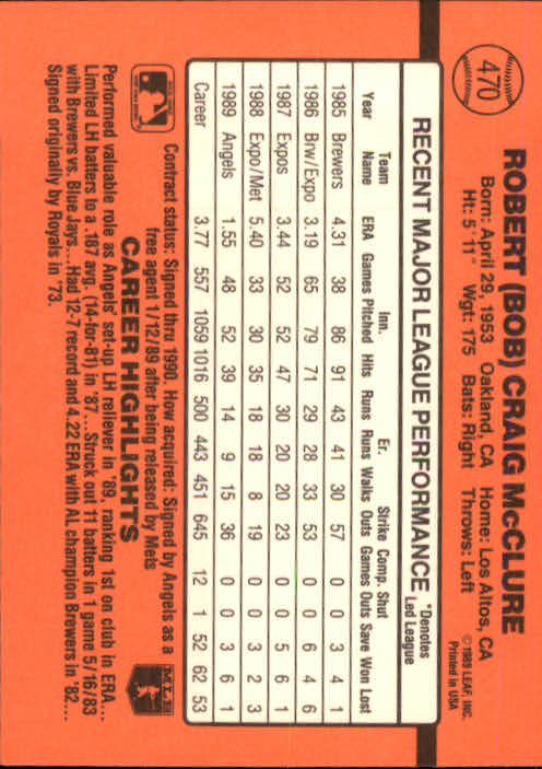 1990 Donruss Baseball "Main Set" Cards #241 to #480 - Picture 463 of 483