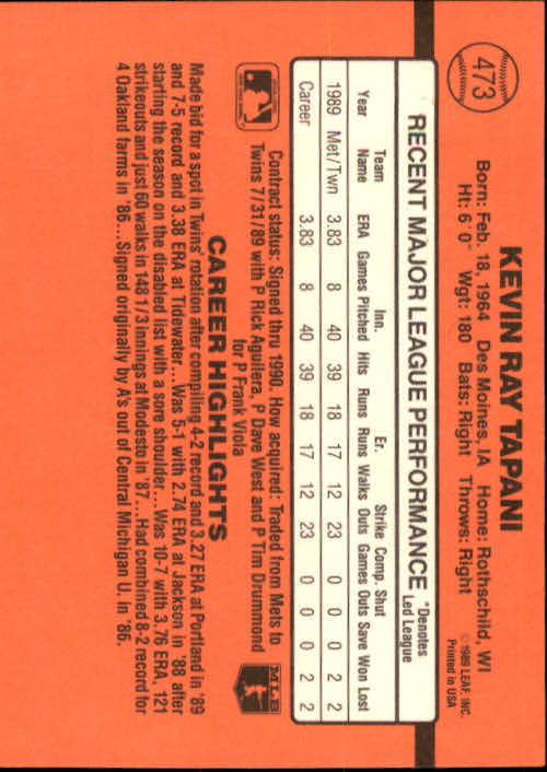 1990 Donruss Baseball "Main Set" Cards #241 to #480 - Picture 469 of 483
