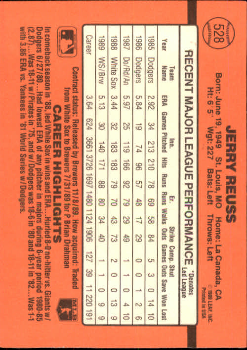 1990 Donruss Baseball "Main Set" Cards #481 to #716 - Picture 89 of 493