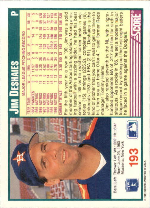 1991 Score Baseball Card Pick 1-249 - Picture 383 of 497
