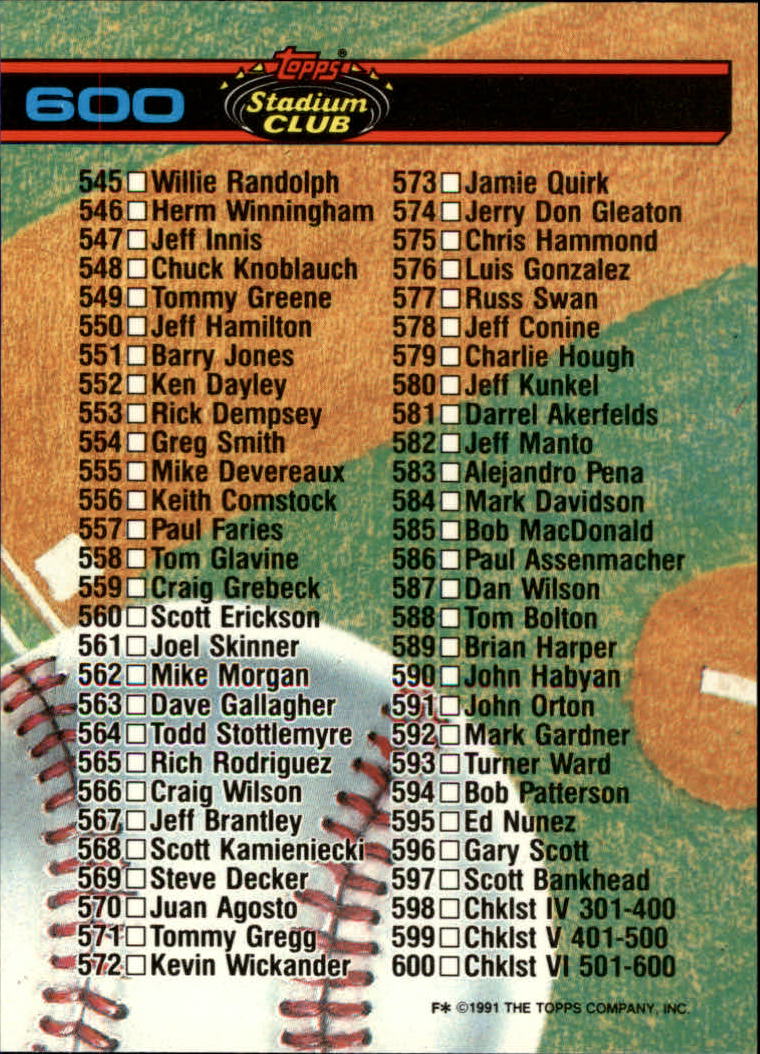thumbnail 401  - A1126- 1991 Stadium Club BB Cards 401-600 +Rookies -You Pick- 10+ FREE US SHIP