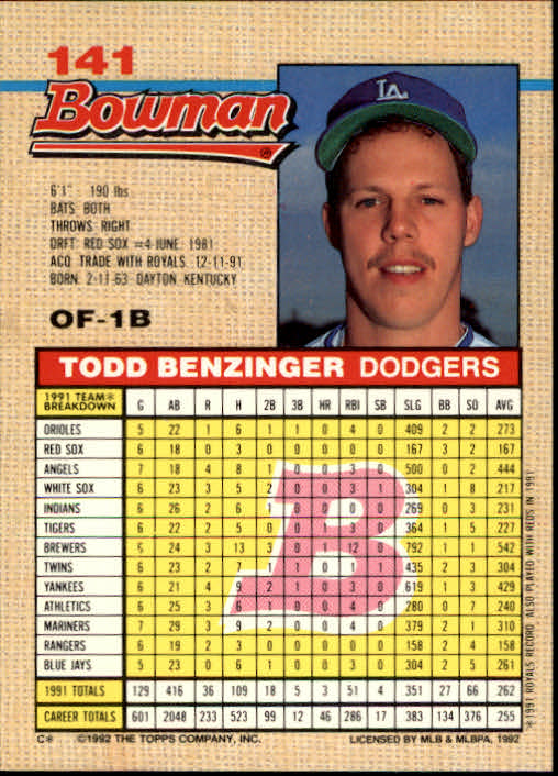 thumbnail 109  - A6548- 1992 Bowman Baseball Cards 1-263 +Rookies -You Pick- 10+ FREE US SHIP