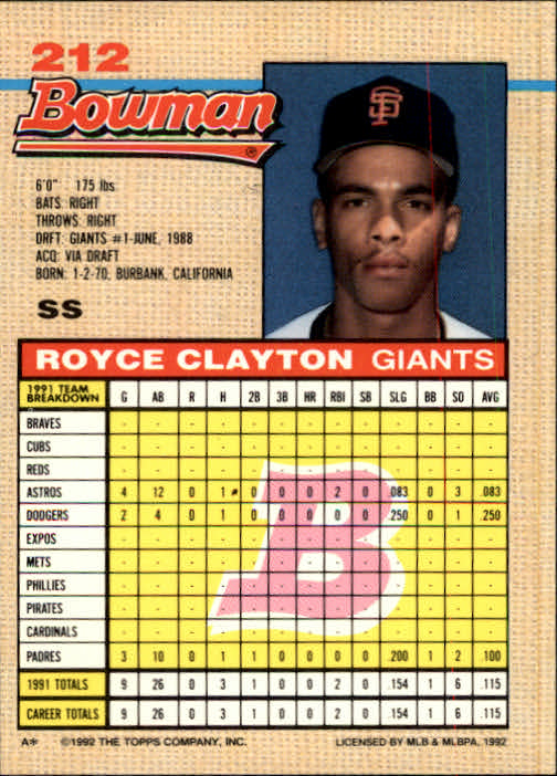 thumbnail 214  - A6548- 1992 Bowman Baseball Cards 1-263 +Rookies -You Pick- 10+ FREE US SHIP