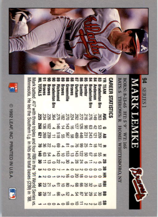 1992 Leaf Baseball Card Pick 1-100 - Picture 189 of 201