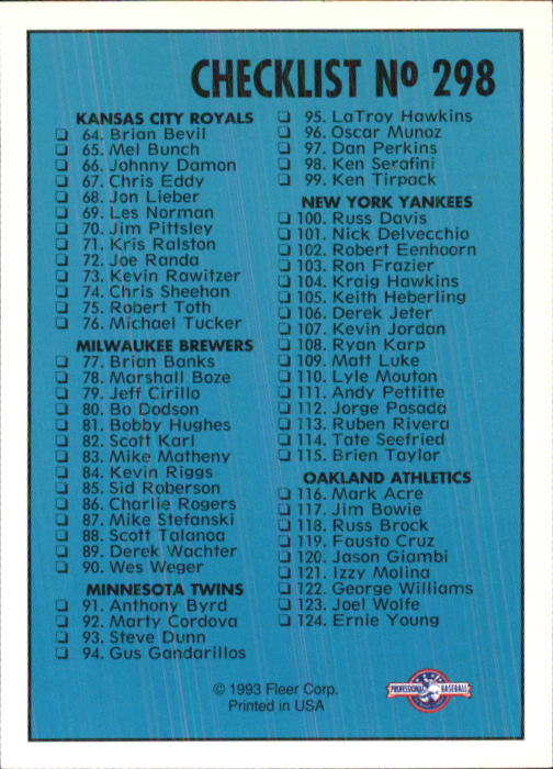 1993-94 Excel (Fleer) Minor League Baseball "Main Set" Cards #151 to #300 - Picture 295 of 299