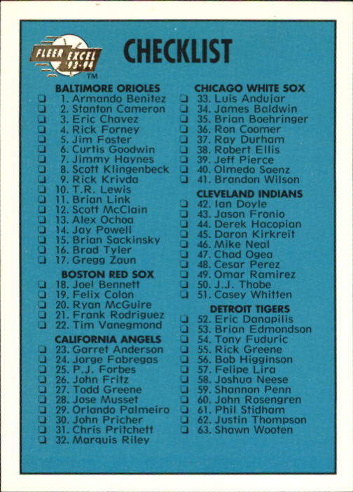 1993-94 Excel (Fleer) Minor League Baseball "Main Set" Cards #151 to #300 - Picture 294 of 299