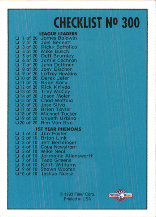 1993-94 Excel (Fleer) Minor League Baseball "Main Set" Cards #151 to #300 - Picture 299 of 299