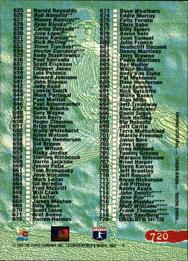 1994 Stadium Club Baseball Part 3 Main Set Card #501-720 - Picture 429 of 429