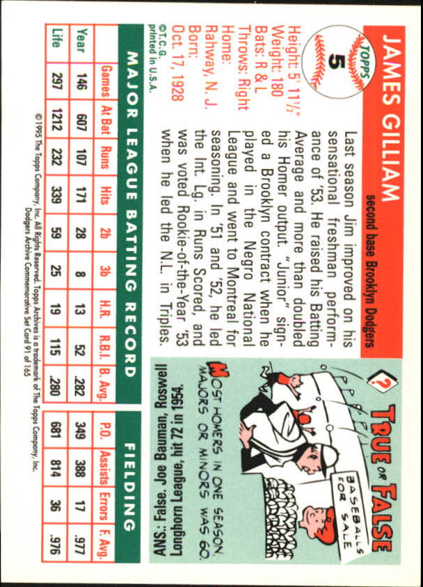 1995 Topps Archives Brooklyn Dodgers Baseball - Picture 116 of 186
