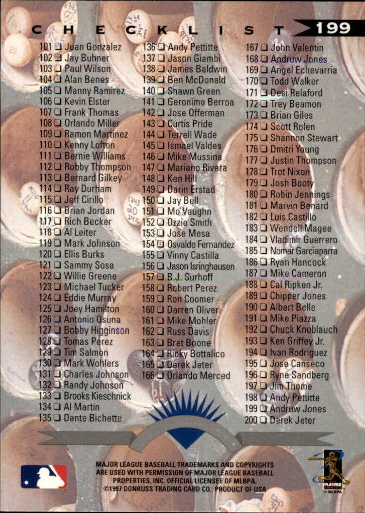 1997 Leaf Baseball "Main Set" Cards #1 to #200 - Picture 397 of 399