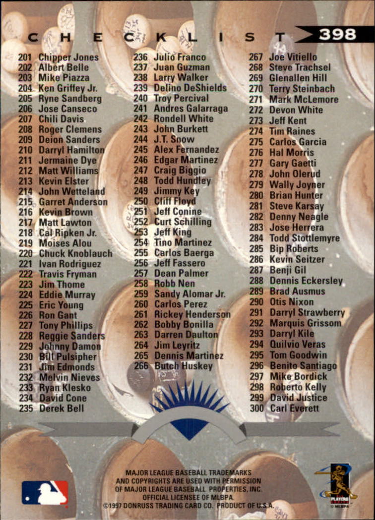 1997 Leaf Baseball "Main Set" Cards #201 to #400 - Picture 394 of 398