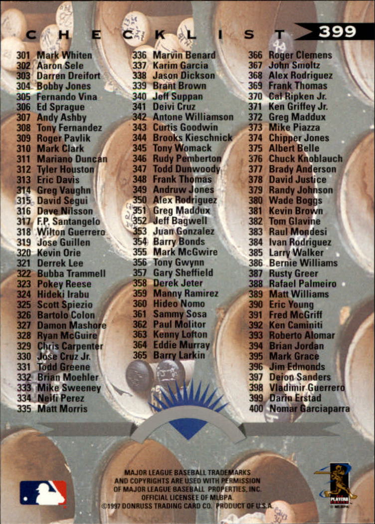 1997 Leaf Baseball "Main Set" Cards #201 to #400 - Picture 396 of 398
