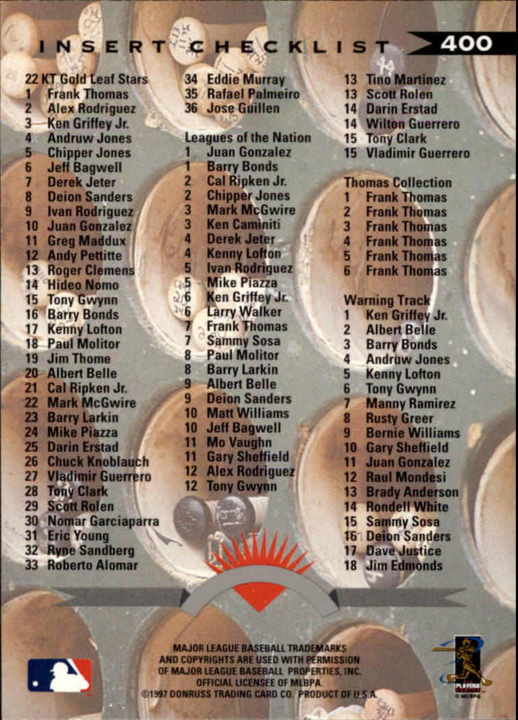 1997 Leaf Baseball "Main Set" Cards #201 to #400 - Picture 398 of 398