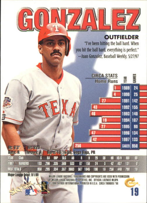1998 Circa Thunder Baseball "Main Set" Cards #1 to #150 - Bild 39 von 301