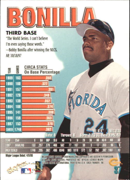 1998 Circa Thunder Baseball "Main Set" Cards #1 to #150 - Bild 75 von 301