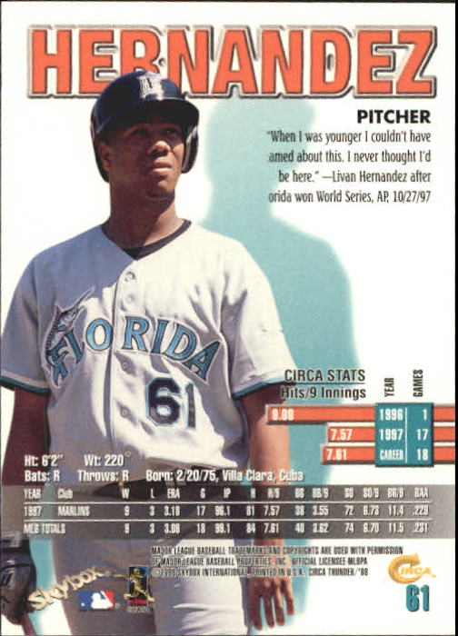 1998 Circa Thunder Baseball "Main Set" Cards #1 to #150 - Bild 123 von 301