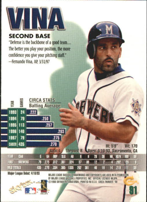 1998 Circa Thunder Baseball "Main Set" Cards #1 to #150 - Bild 183 von 301
