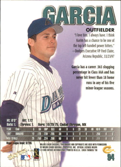 1998 Circa Thunder Baseball "Main Set" Cards #1 to #150 - Bild 189 von 301