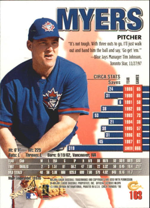 1998 Circa Thunder Baseball "Main Set" Cards #1 to #150 - Bild 207 von 301