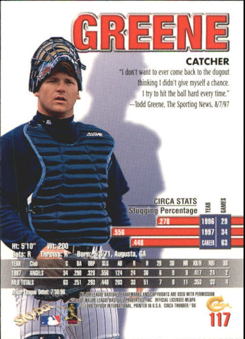 1998 Circa Thunder Baseball "Main Set" Cards #1 to #150 - Bild 235 von 301