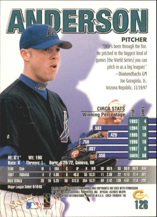 1998 Circa Thunder Baseball "Main Set" Cards #1 to #150 - Bild 253 von 301