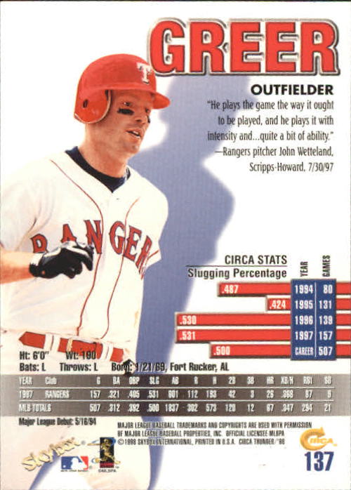 1998 Circa Thunder Baseball "Main Set" Cards #1 to #150 - Bild 275 von 301