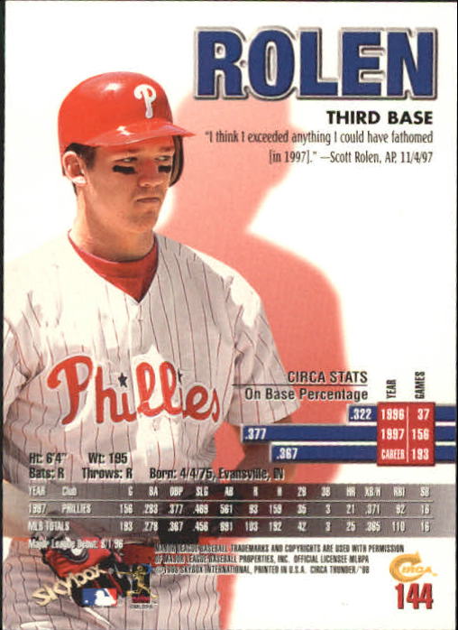 1998 Circa Thunder Baseball "Main Set" Cards #1 to #150 - Bild 289 von 301