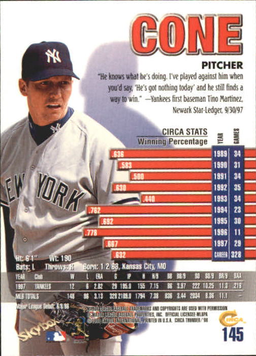 1998 Circa Thunder Baseball "Main Set" Cards #1 to #150 - Bild 291 von 301