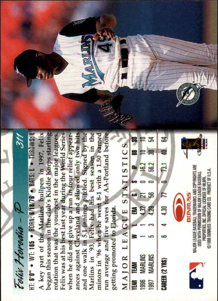 1998 Donruss Baseball "Main Set" Base Cards #251 to #420 - Picture 123 of 341