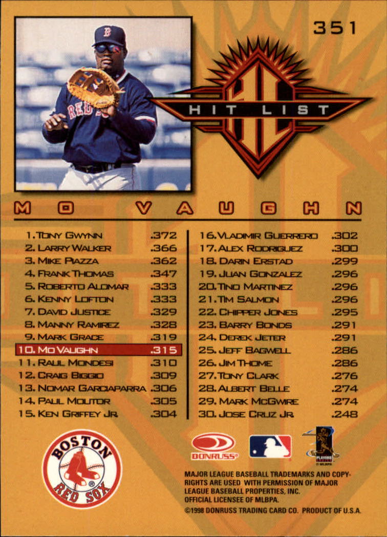 1998 Donruss Baseball "Main Set" Base Cards #251 to #420 - Picture 203 of 341