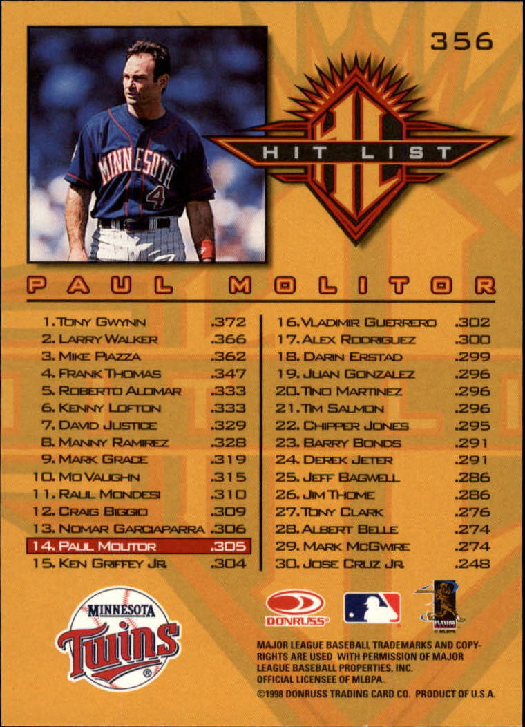 1998 Donruss Baseball "Main Set" Base Cards #251 to #420 - Picture 213 of 341