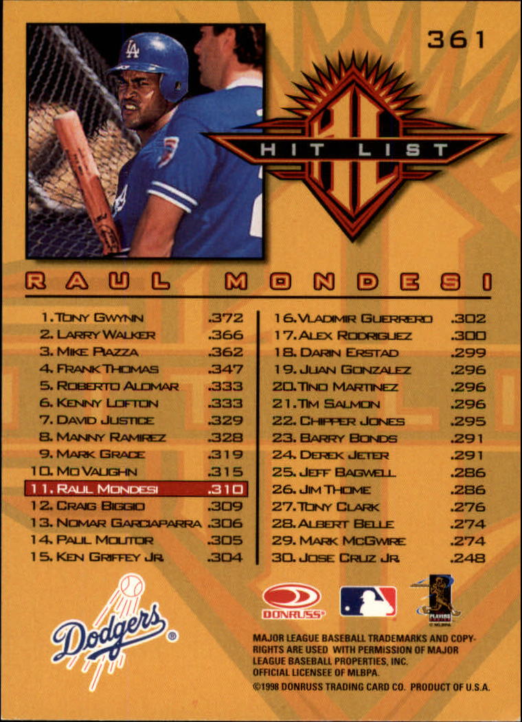 1998 Donruss Baseball "Main Set" Base Cards #251 to #420 - Picture 223 of 341