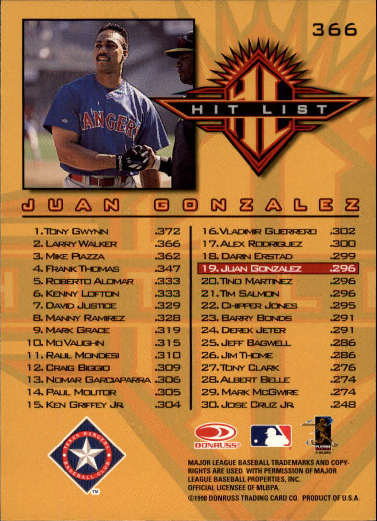 1998 Donruss Baseball "Main Set" Base Cards #251 to #420 - Picture 233 of 341