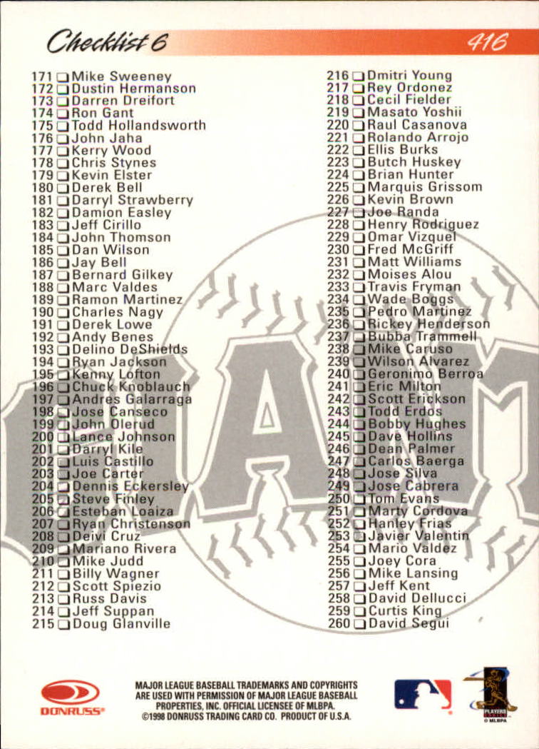 1998 Donruss Baseball "Main Set" Base Cards #251 to #420 - Picture 333 of 341