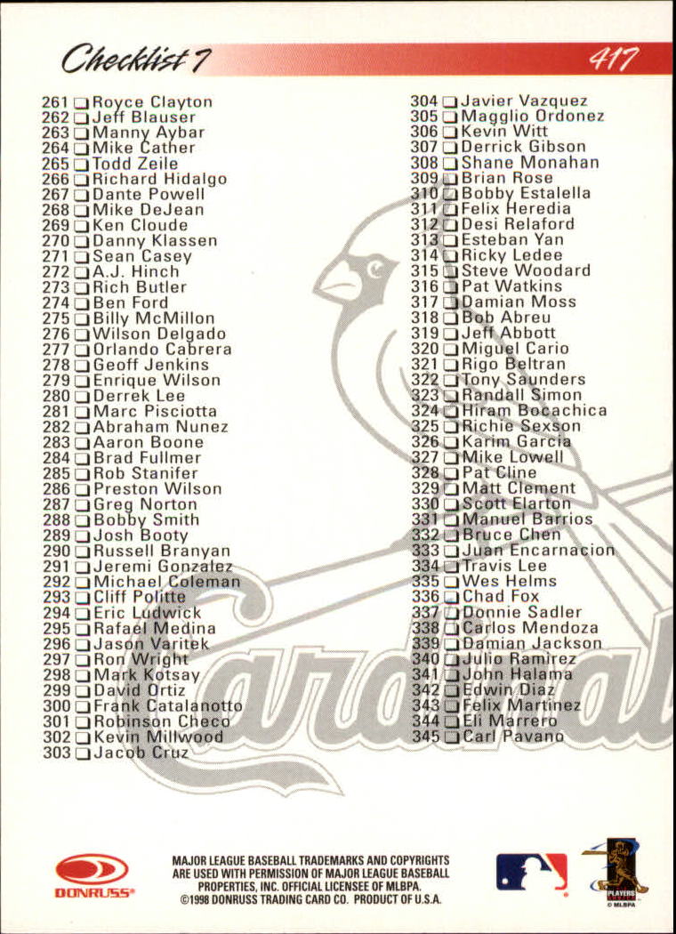 1998 Donruss Baseball "Main Set" Base Cards #251 to #420 - Picture 335 of 341