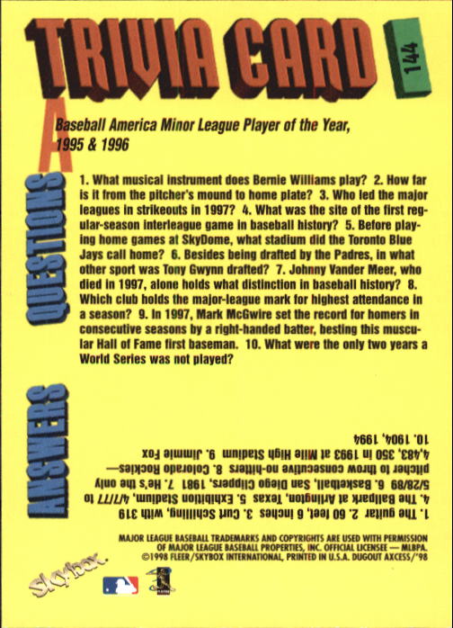 1998 SkyBox Dugout Axcess Baseball Card Pick - Picture 279 of 289