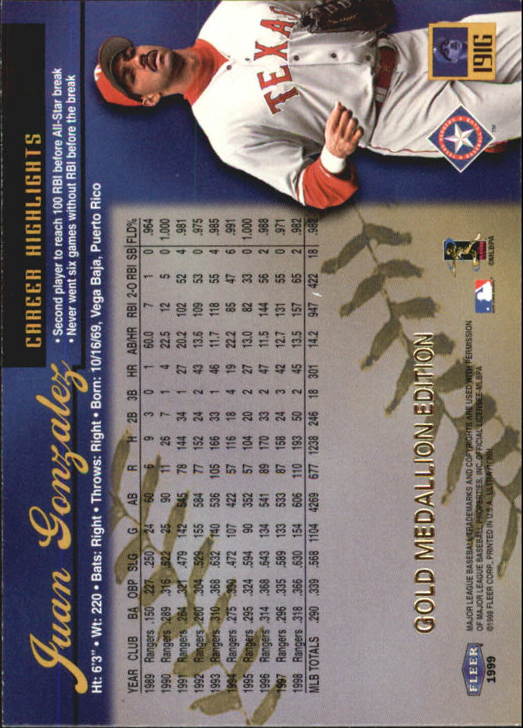 1999 Ultra (Fleer) Baseball "Gold and Platinum Medallion" Parallel Cards - Picture 186 of 224