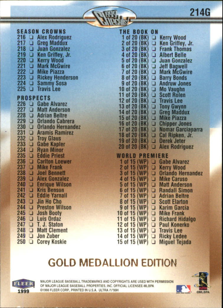 1999 Ultra (Fleer) Baseball "Gold and Platinum Medallion" Parallel Cards - Picture 204 of 224