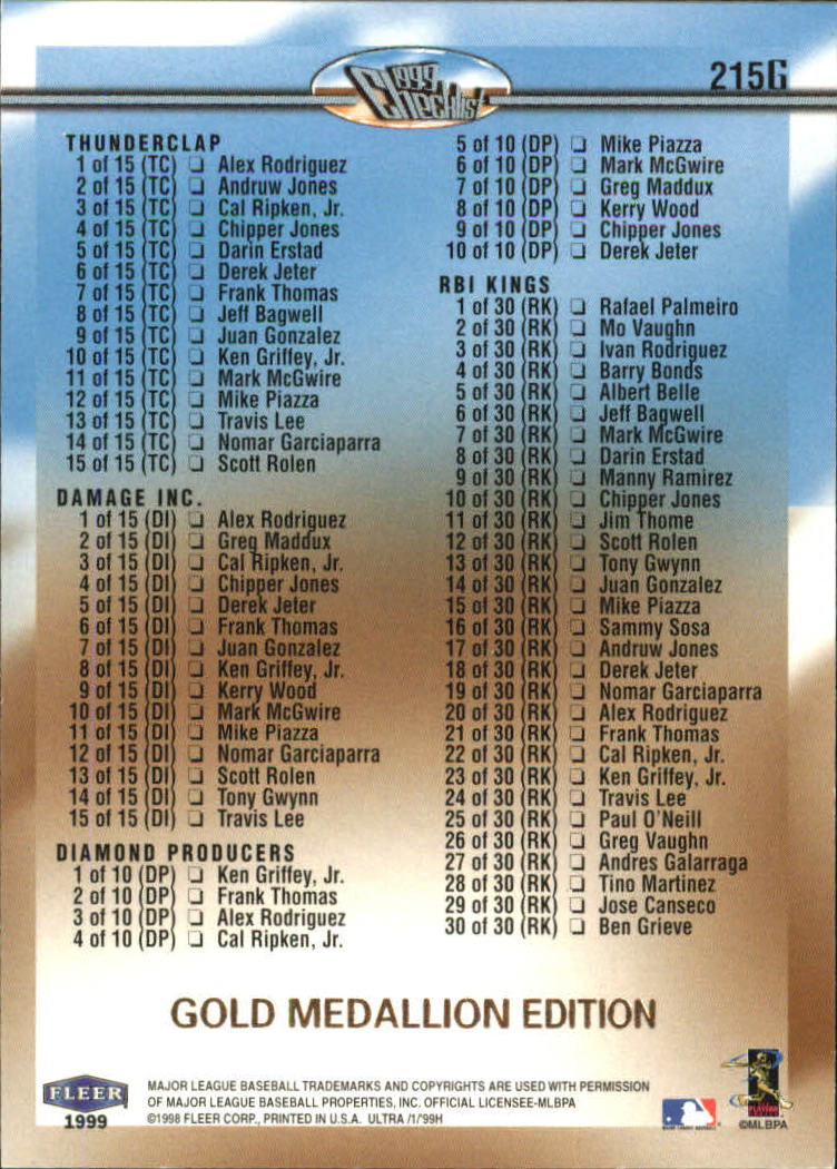 1999 Ultra (Fleer) Baseball "Gold and Platinum Medallion" Parallel Cards - Picture 206 of 224