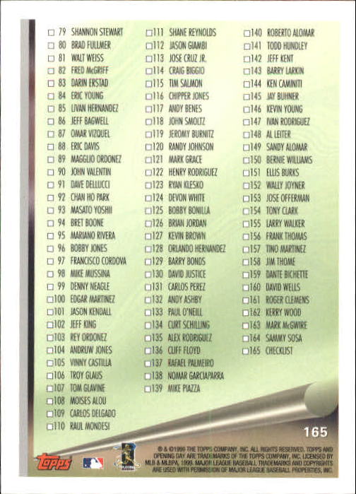 1999 Topps Opening Day Baseball - Picture 141 of 141