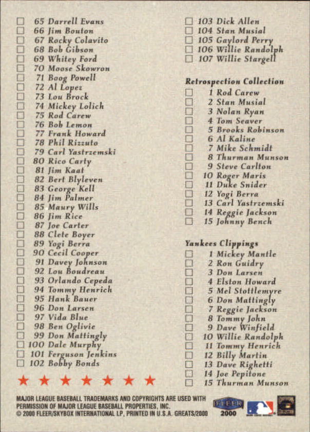 2000 Greats of the Game (Fleer) Baseball "Main Set" Cards - Picture 213 of 213