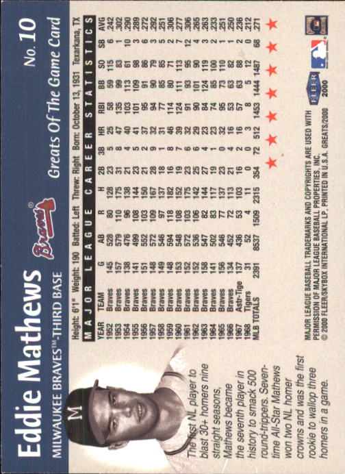 2000 Greats of the Game (Fleer) Baseball "Main Set" Cards - Picture 21 of 213