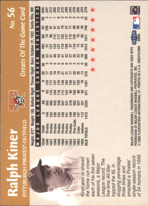 2000 Greats of the Game (Fleer) Baseball "Main Set" Cards - Picture 107 of 213