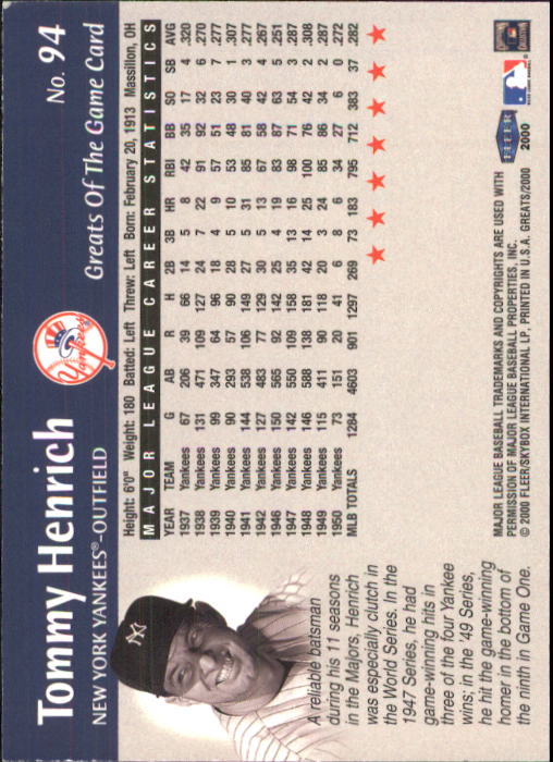 2000 Greats of the Game (Fleer) Baseball "Main Set" Cards - Picture 183 of 213