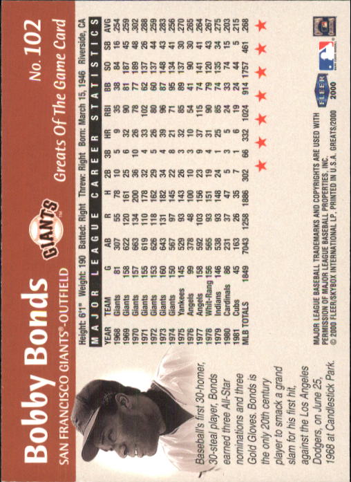 2000 Greats of the Game (Fleer) Baseball "Main Set" Cards - Picture 199 of 213