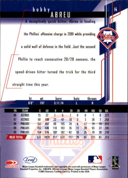 2001 Leaf Rookies and Stars Baseball "Main Set" Base Cards #1 to #300 - Picture 29 of 281