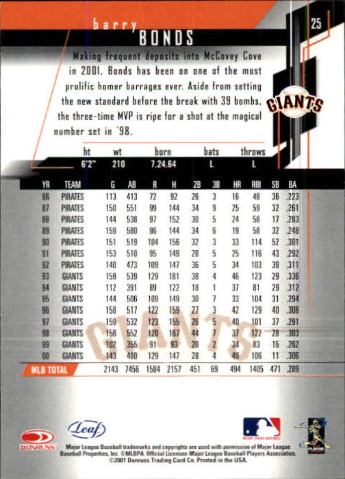 2001 Leaf Rookies and Stars Baseball "Main Set" Base Cards #1 to #300 - Picture 51 of 281