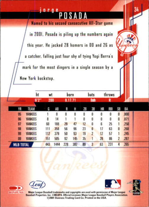 2001 Leaf Rookies and Stars Baseball "Main Set" Base Cards #1 to #300 - Picture 69 of 281